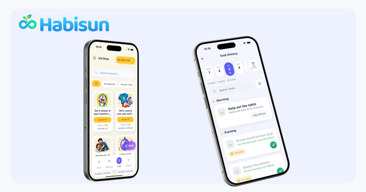Habisun reward shop and task history screens illustrating progress from rewards to routines