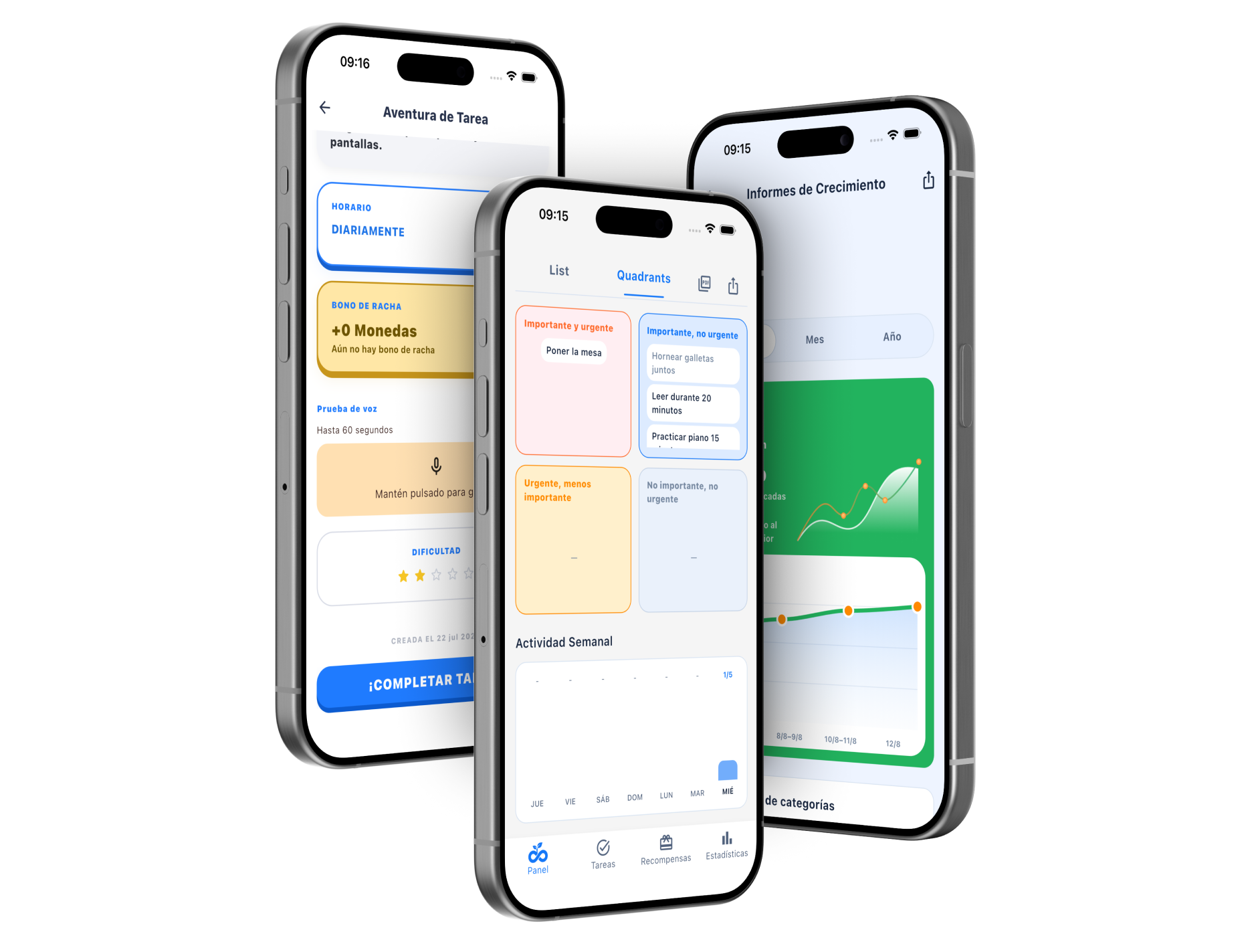 Flujo para padres de Habisun, desde la configuración de tareas hasta la planificación y los informes
