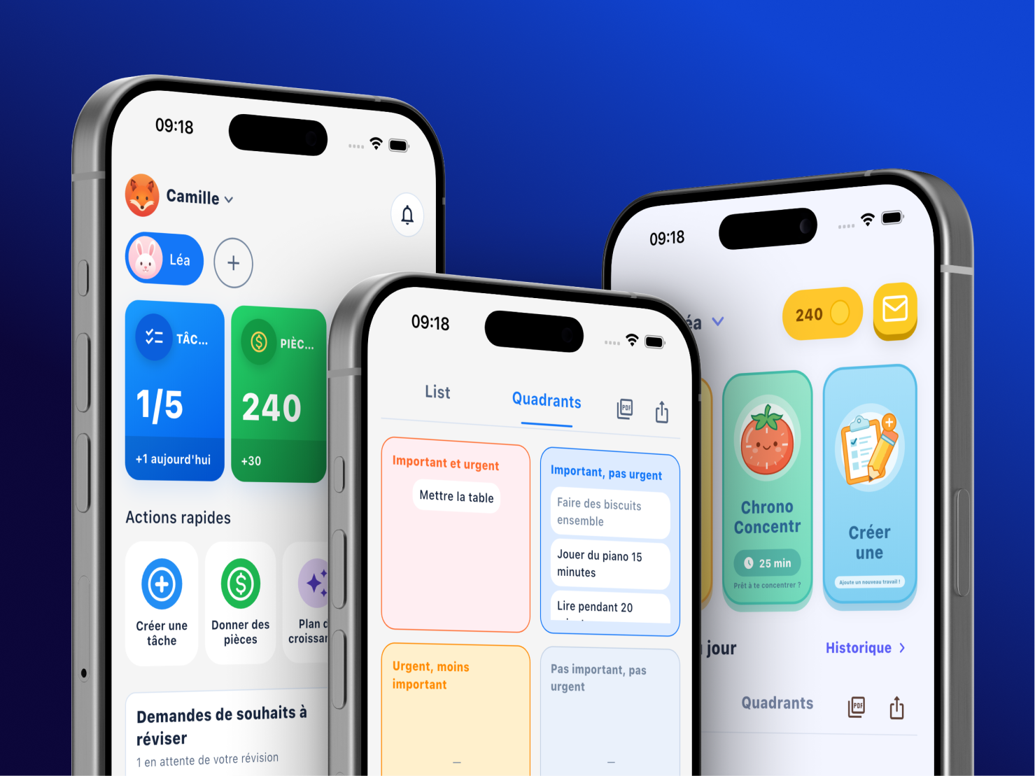 Trois appareils affichant le tableau de bord parent, le planning enfant et les récompenses Habisun